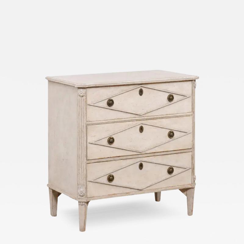 Swedish Gustavian Style 1900s Painted Three Drawer Chest with Diamond Motifs