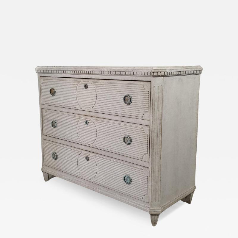 Swedish Gustavian Style Gray Painted Three Drawer Chest with Carved Panels