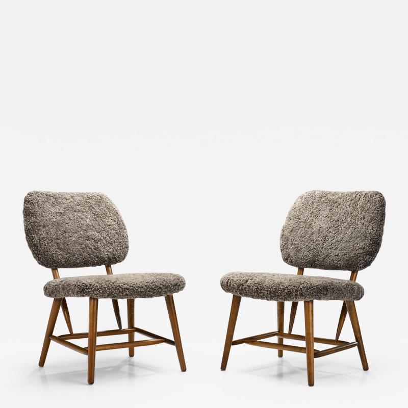 Swedish Mid Century Easy Chairs with Sheepskin Sweden 1950s