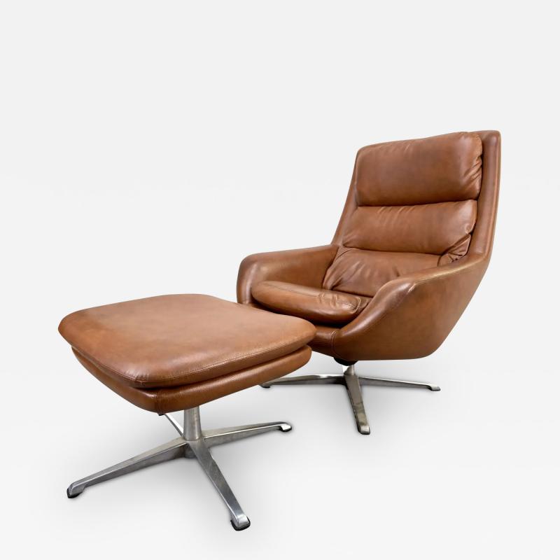 Swedish Mid Century Modern Brown Faux Leather Lounge Chair Ottoman