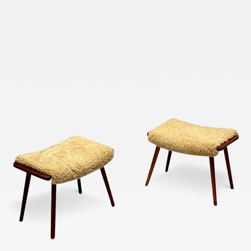 Swedish Mid Century Modern Stools Honey Sheepskin Walnut Sweden 1970s