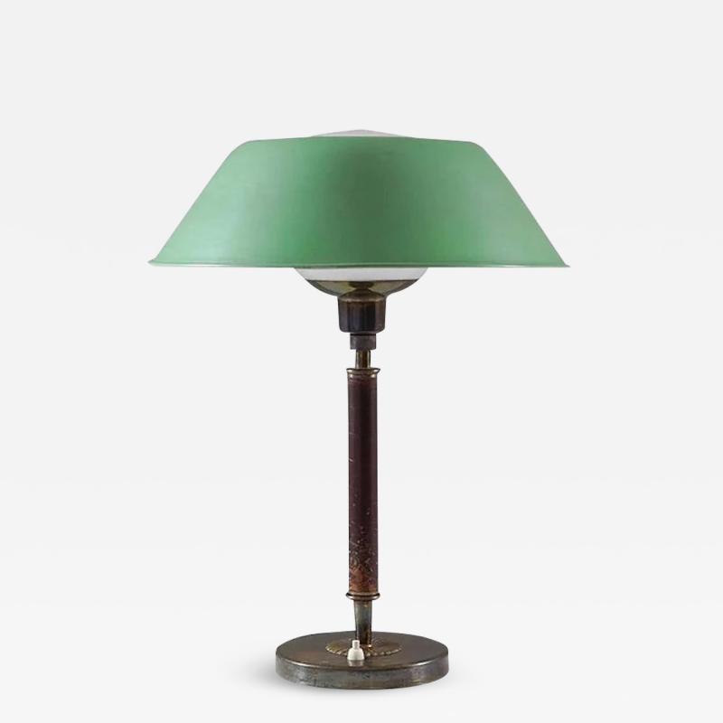 Swedish Midcentury Table Lamp in Brass Glass and Leather