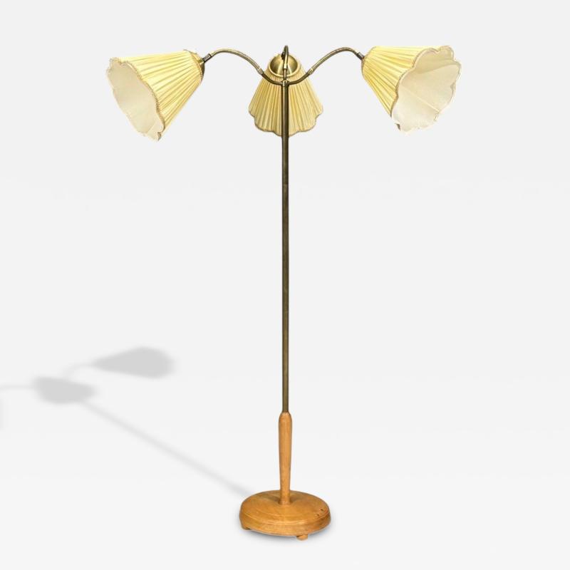 Swedish Modern Adjustable Floor Lamp Birch Brass Silk Sweden 1950s