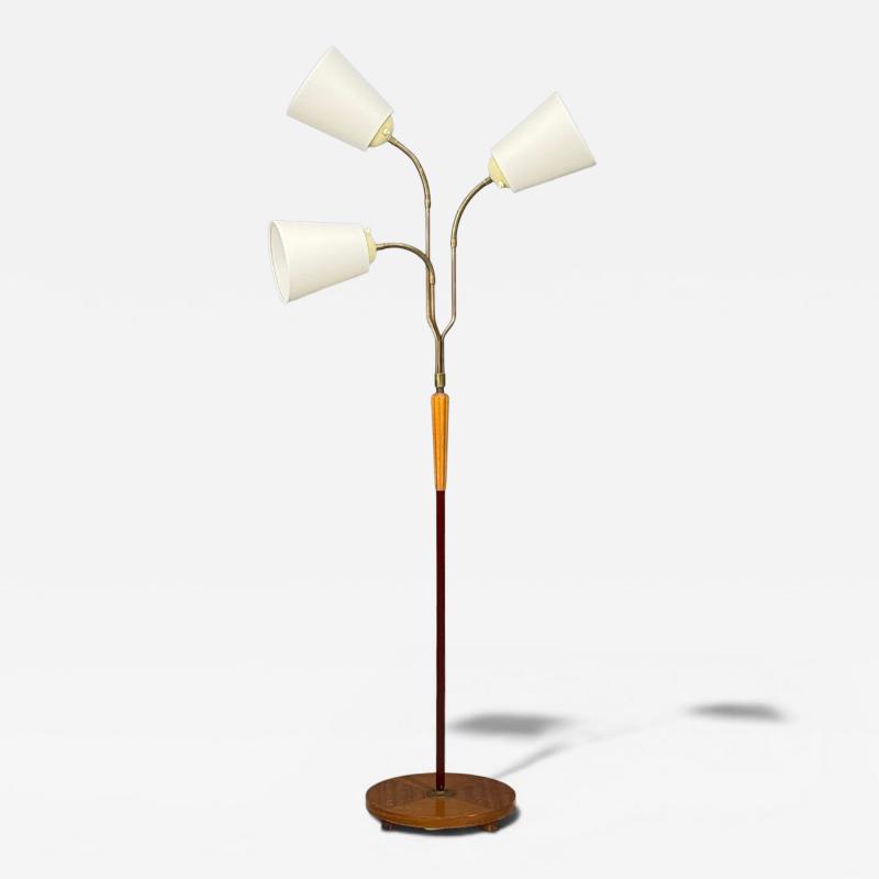 Swedish Modern Adjustable Floor Lamp Wood Brass Red Lacquer Sweden 1940s