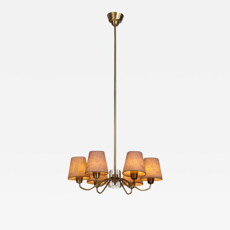 Swedish Modern Brass Ceiling Light with Fabric Shades Mid 20th Century