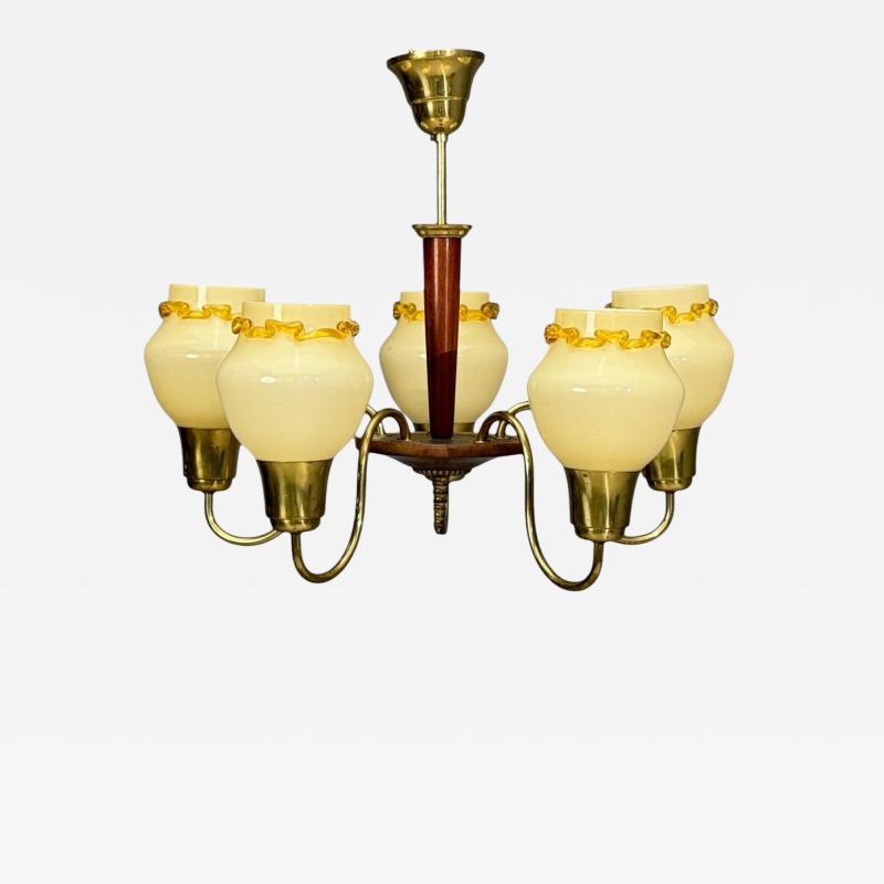 Swedish Modern Chandelier Brass Wood Yellow Glass Sweden 1950s