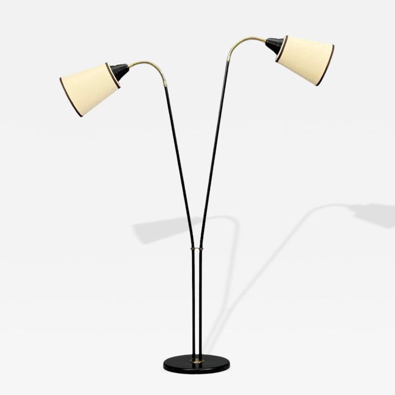 Swedish Modern Floor Lamp Black Lacquered Metal Brass Fabric Sweden 1960s