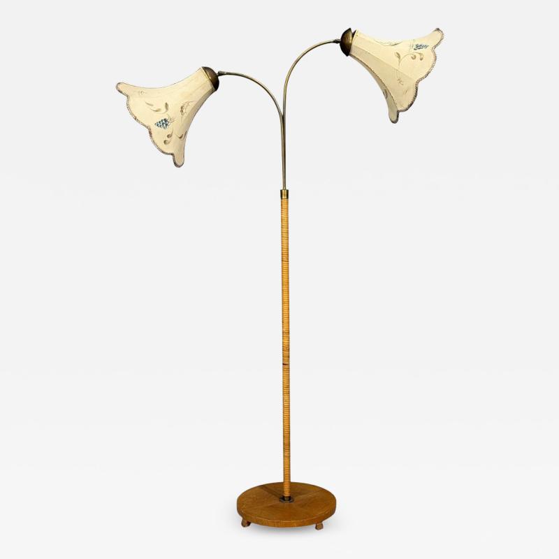 Swedish Modern Floor Lamp Rattan Elm Fabric Sweden 1940s
