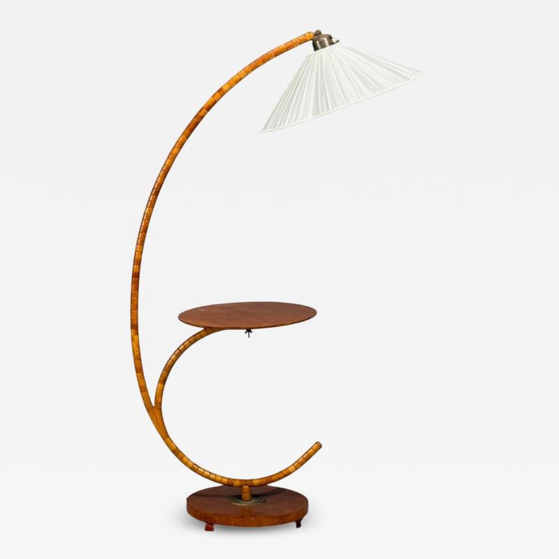 Swedish Modern Floor Lamp with Shelf Birch Brass Sweden 1930s