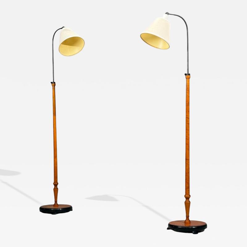 Swedish Modern Floor Lamps Burl Ebonized Wood Fabric Sweden 1940s