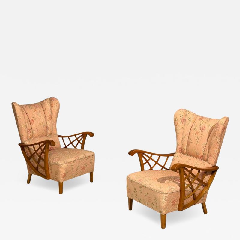 Swedish Modern Lounge Chairs Braided Wood Fabric Sweden 1930s