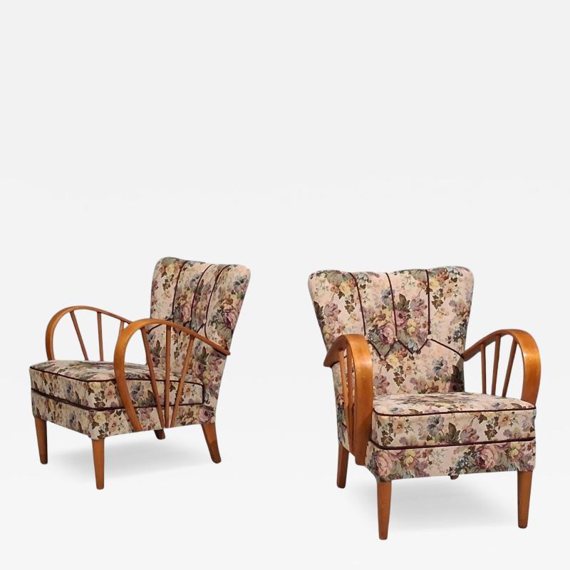 Swedish Modern Lounge Chairs Elm Floral Fabric Sweden 1940s
