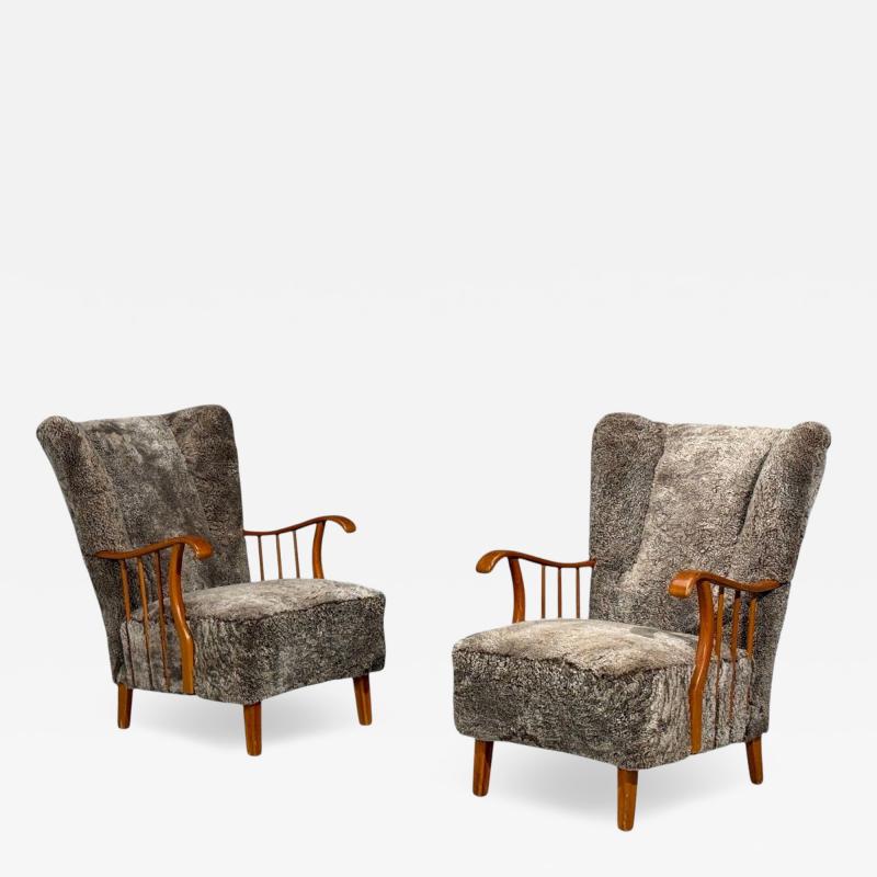 Swedish Modern Lounge Chairs Elm Gray Shearling Sweden 1940s