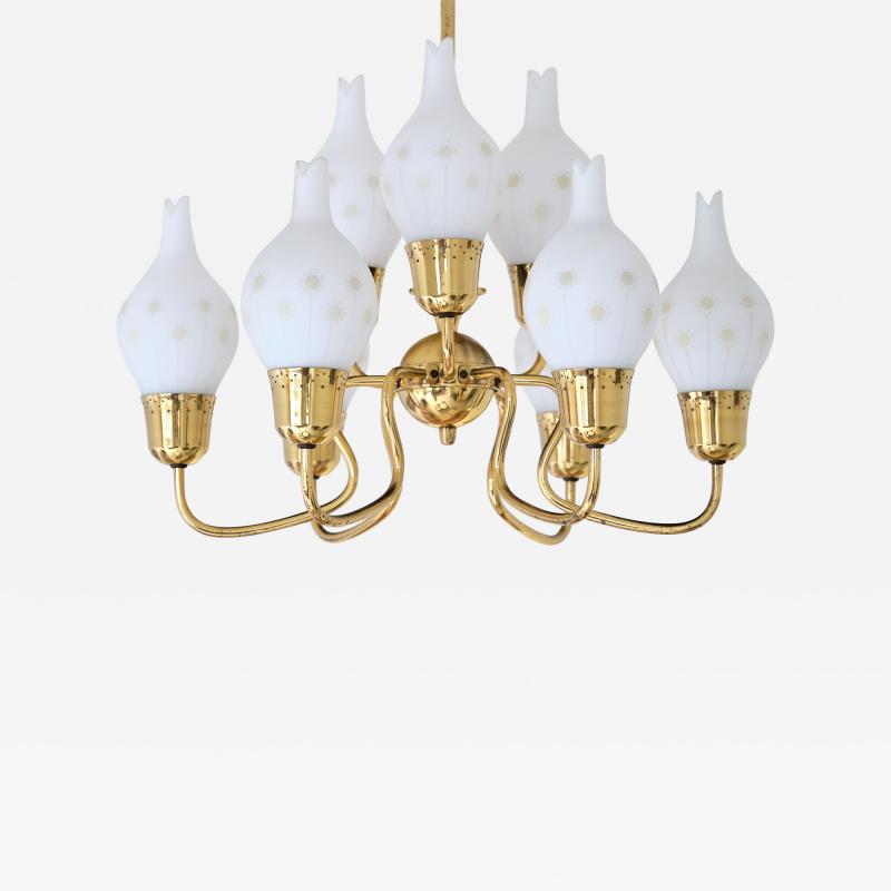Swedish Modern Nine Arm Chandelier in Brass and Decorated Opal Glass 1950s