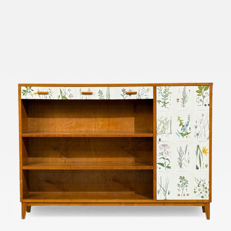 Swedish Modern Nordens Flora Bookcase Birch Floral Lithographs Sweden 1940s