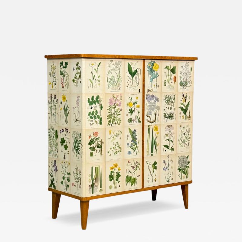 Swedish Modern Nordens Flora Cabinet Birch Floral Lithographs Sweden 1940s