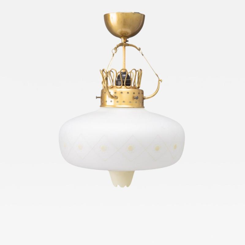 Swedish Modern Opal Glass Patinated Brass Pendant Light Sweden 1940s