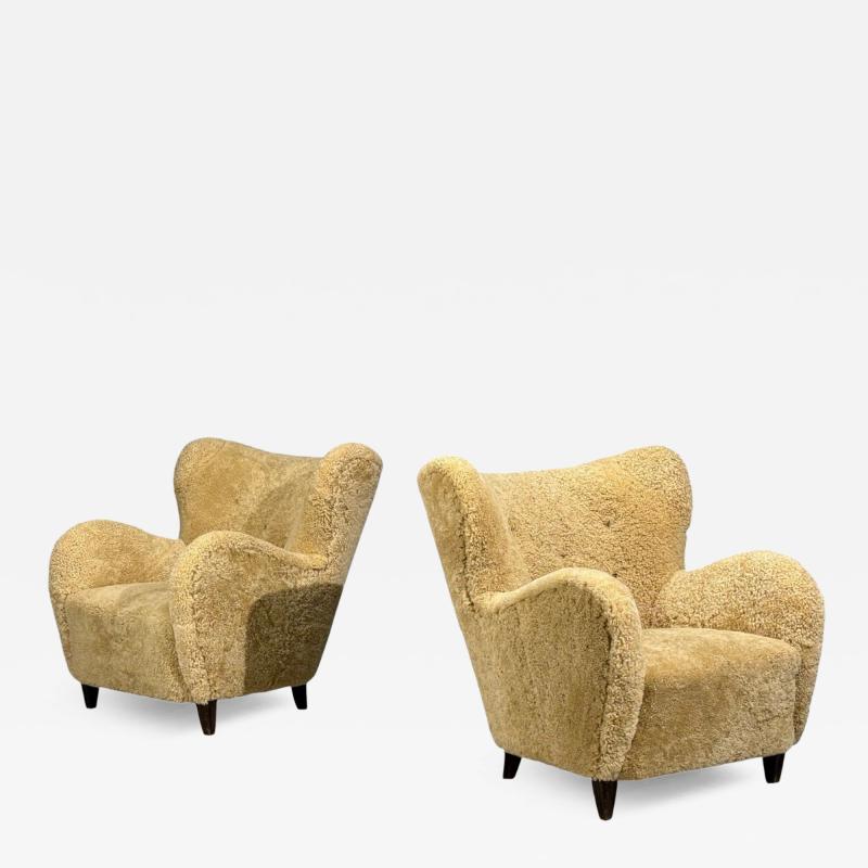 Swedish Modern Organic Lounge Chairs Shearling Wood Sweden 1940s
