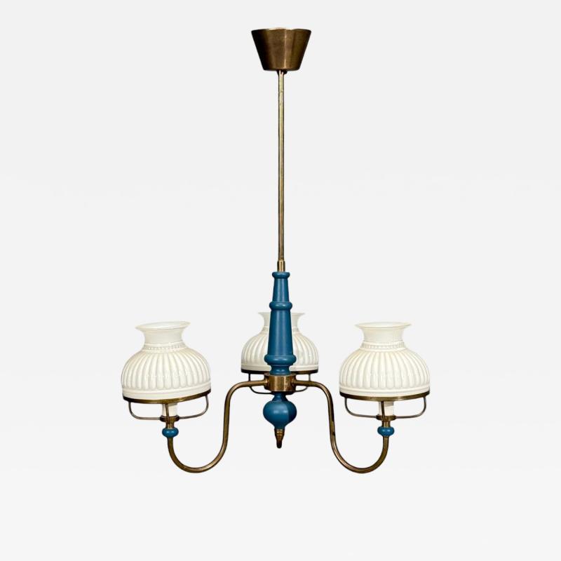 Swedish Modern Pendant Light Blue Lacquered Wood Glass Brass Sweden 1940s