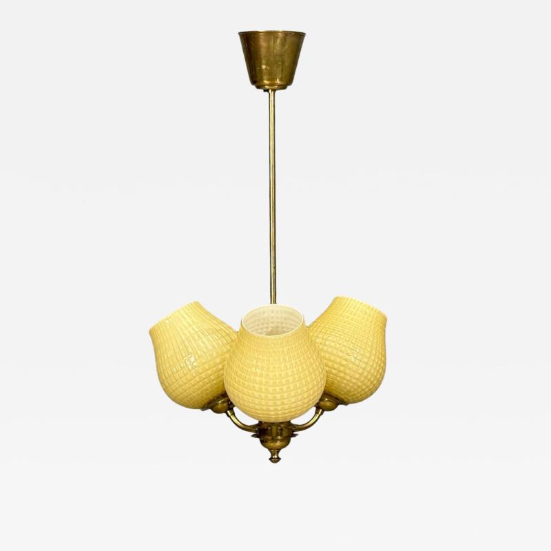 Swedish Modern Pendant Light Brass Textured Glass Sweden 1940s