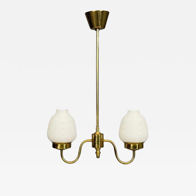Swedish Modern Pendant Light Etched Opal Glass Brass Sweden 1950s