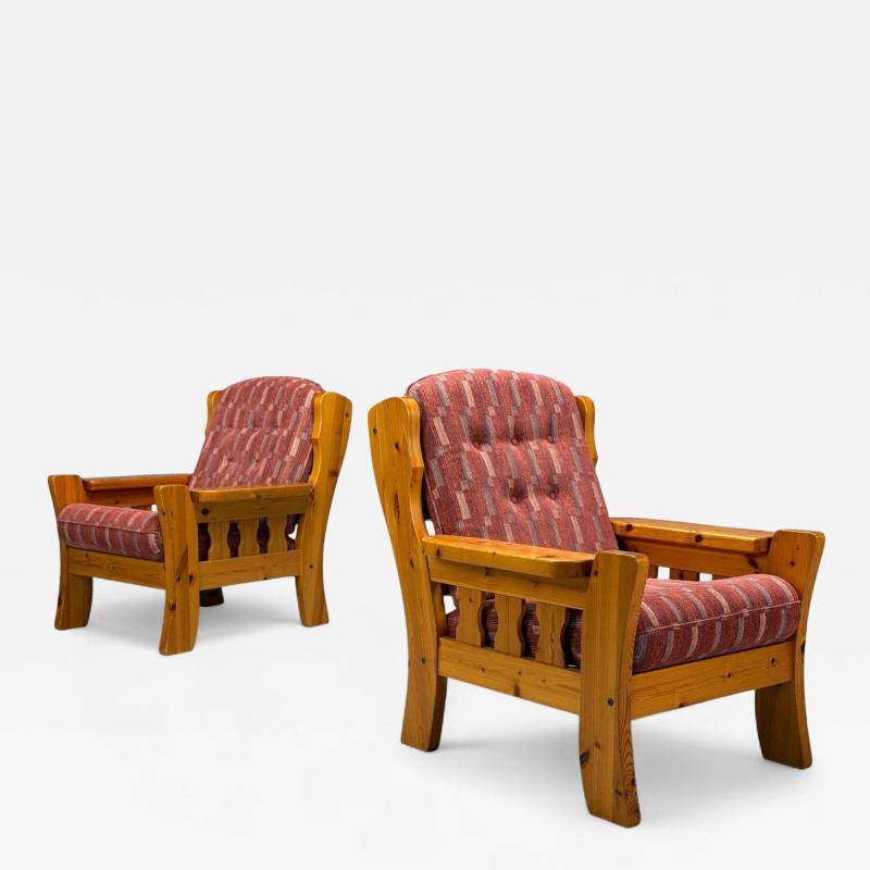 Swedish Modern Pine Red Fabric Brutalist Lounge Chairs Sweden 1950s