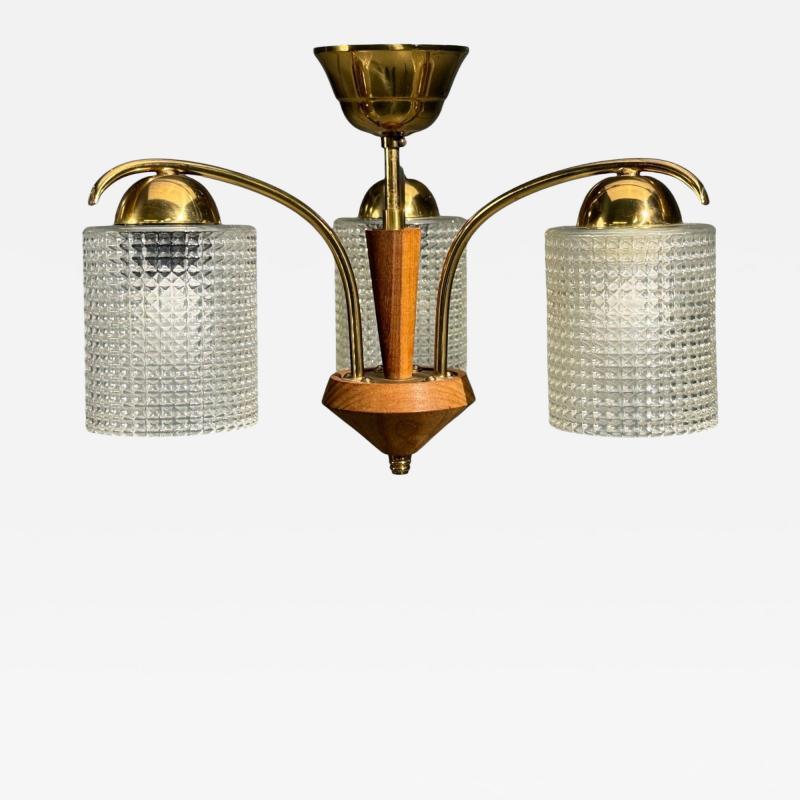 Swedish Modern Small Pendant Light Brass Teak Textured Glass Sweden 1950s