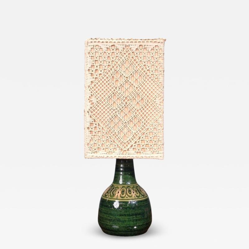 Swedish Modern Table Lamp Green Glazed Stoneware Crochet Shade Sweden 1976