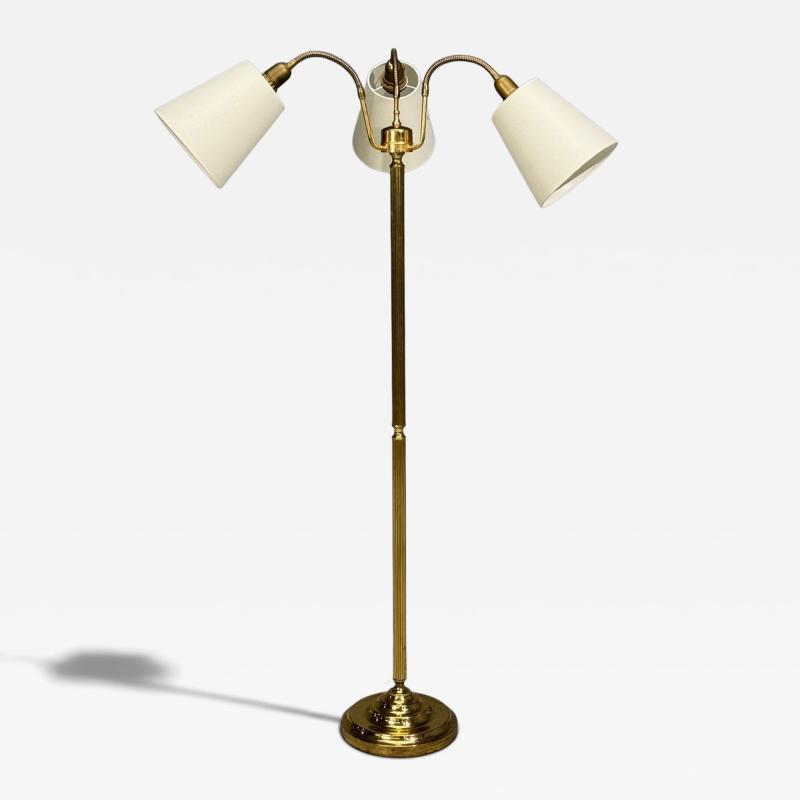 Swedish Modern Three Light Floor Lamp Reeded Brass Fabric Sweden 1970s