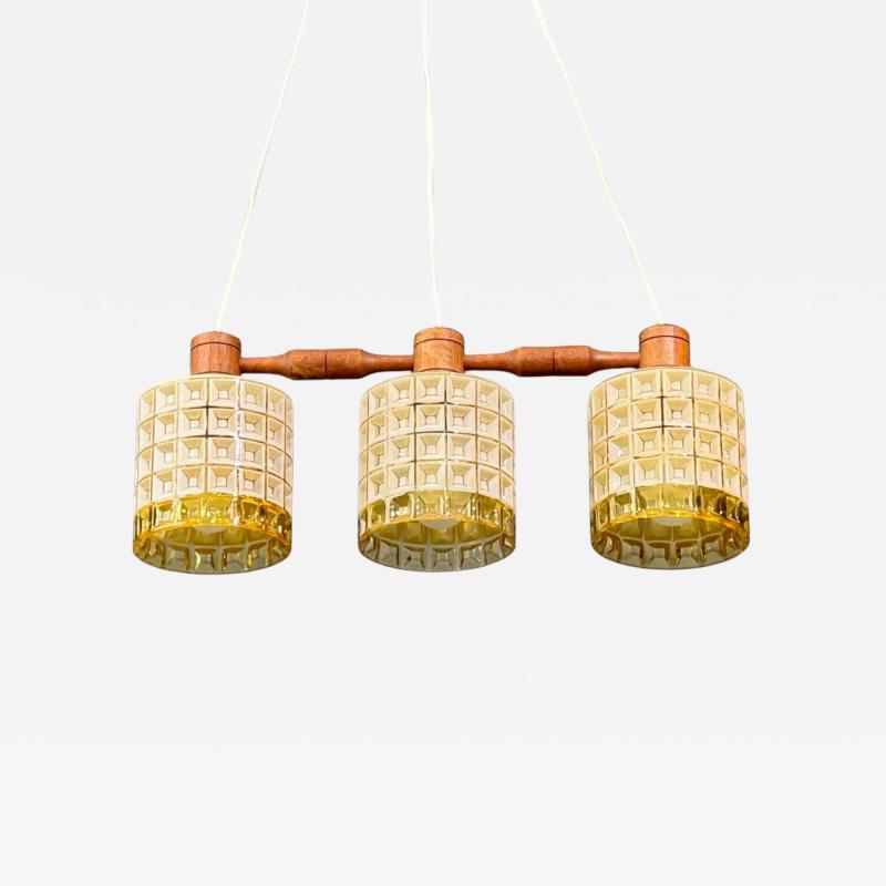 Swedish Modern Three Light Pendant Light Teak Glass Sweden 1950s