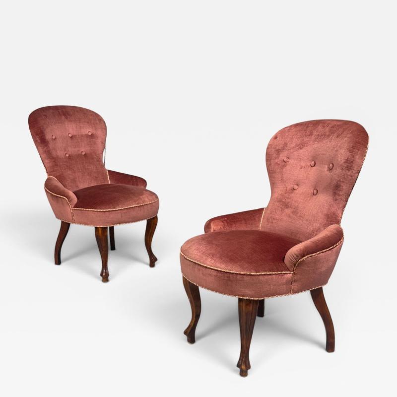 Swedish Modern Traditional Slipper Chairs Pink Velvet Wood Sweden 1950s