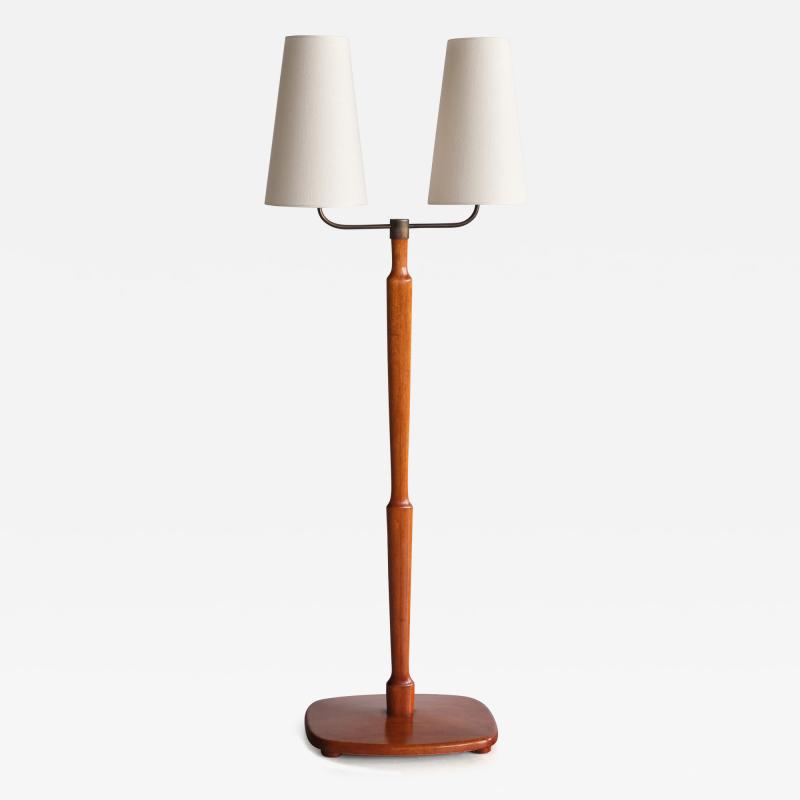 Swedish Modern Two Arm Floor Lamp in Teak Wood and Brass Sweden Late 1940s