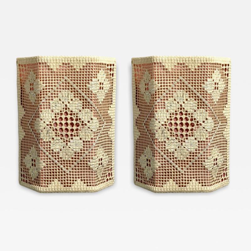 Swedish Modern Wall Sconces Pink and White Crocheted Fabric Sweden 1970s