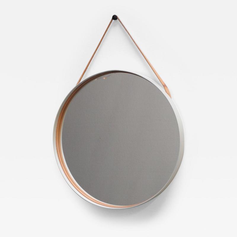 Swedish Modern White Bentwood Mirror with Leather Hanging Strap by Glas M ster