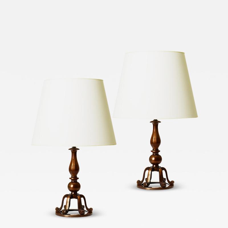 Swedish Monumental Pair Table Lamps in Patinated Brass