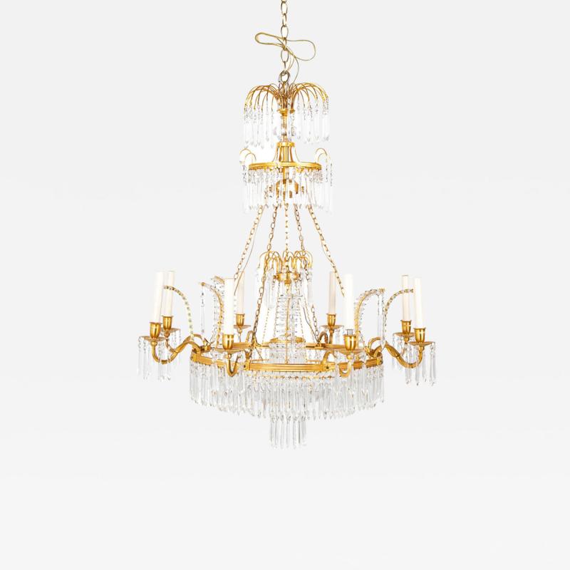 Swedish Neoclassic Gilt Bronze Crystal 8 Arm Chandelier