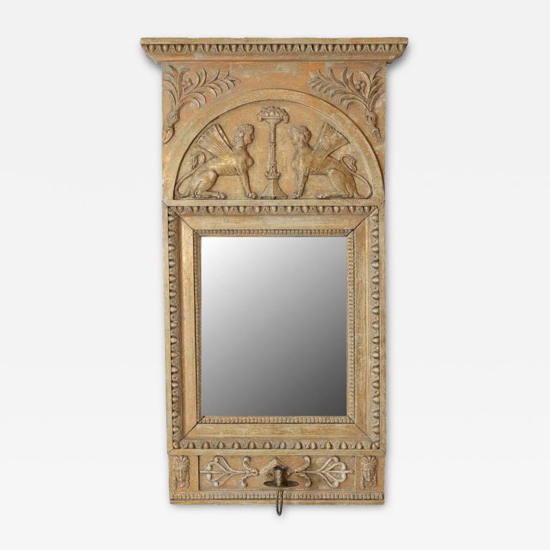 Swedish Neoclassical Painted Mirror With Sphinx Crest and Candle Sconce