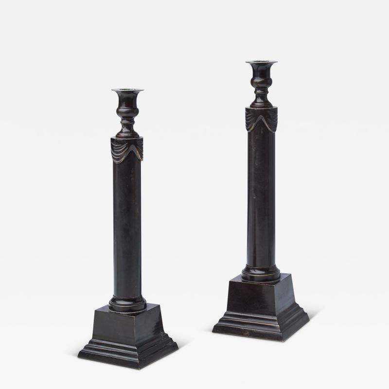 Swedish Pair of Gustavian Style Candle Holders in Patinated Bronze Brass