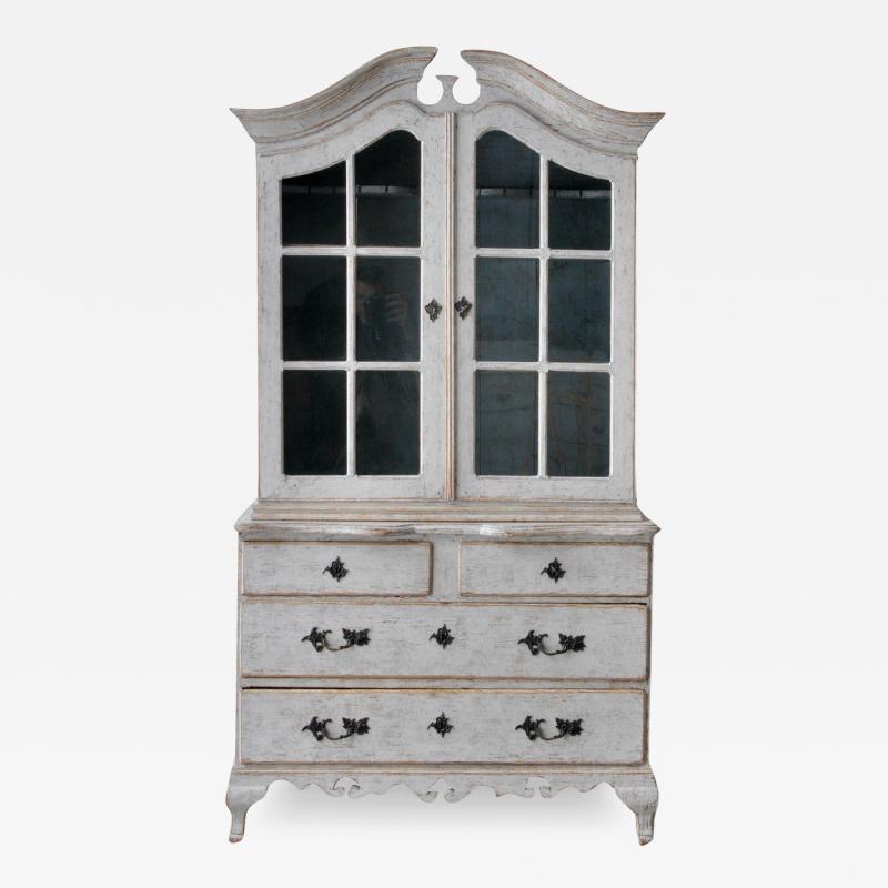 Swedish Rococo Style 1850s Bonnet Top Cabinet with Glass Doors and Drawers