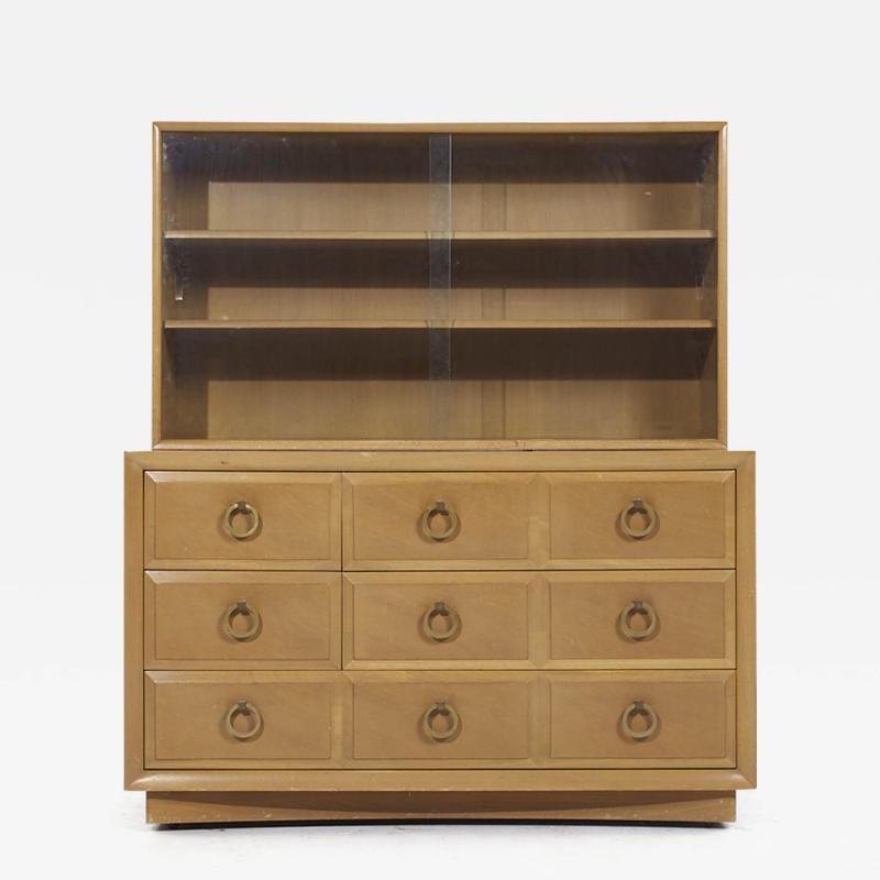 T H Robsjohn Gibbings T H Robsjohn Gibbings Modern Mid Century Maple and Brass Credenza with Hutch