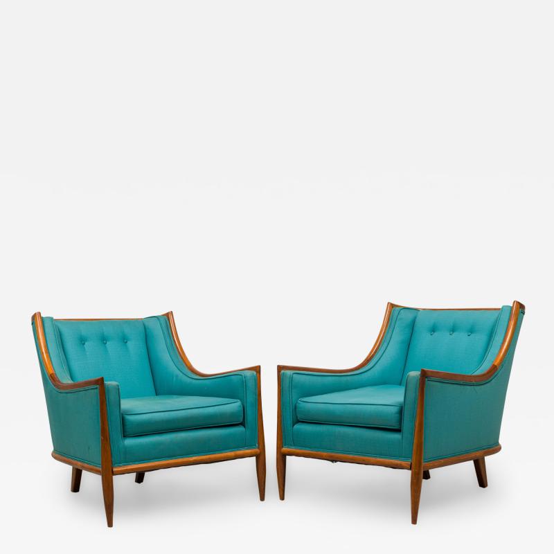 T H Robsjohn Gibbings T H Robsjohn Gibbings Modern Walnut and Blue Upholstery Bergere Armchairs