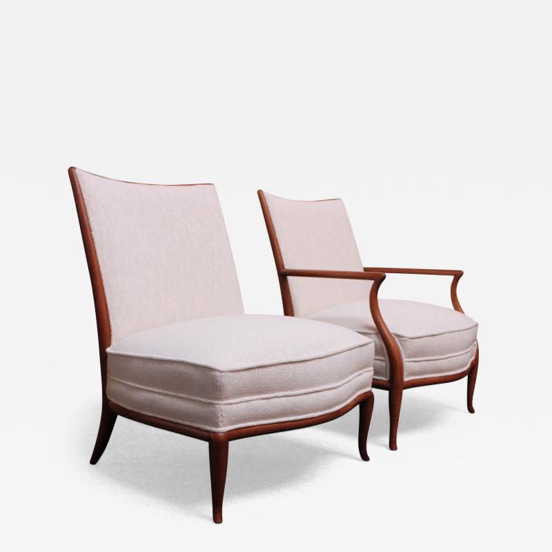 T H Robsjohn Gibbings T H Robsjohn Gibbings Walnut Lounge Chair and Slipper Chair Set