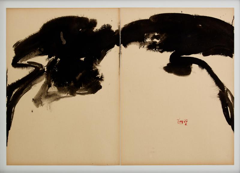 T ang Haywen signed diptych ink on beige paper 1972