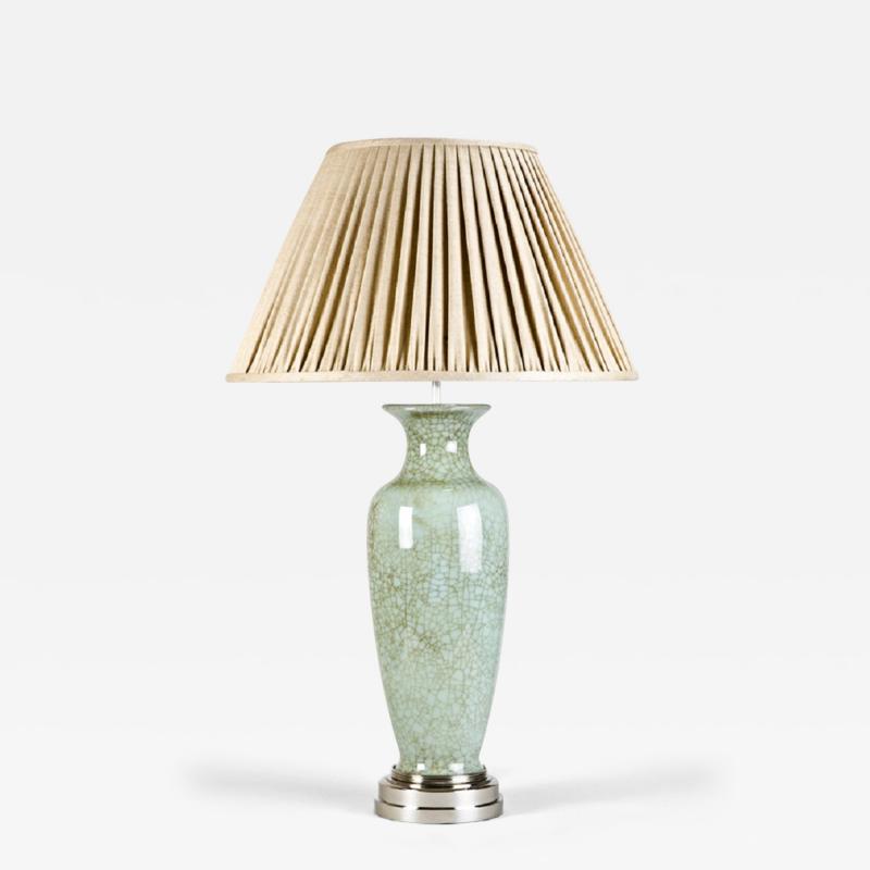 TALL CRACKLE GLAZE CELADON TABLE LAMP POLISHED NICKEL BASE