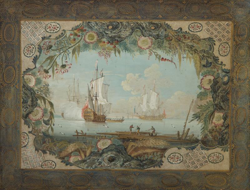 THOMAS ROBINS THE ELDER AN EXQUISITE SET OF FOUR GOUACHE WATERCOLOR AND GILT HIGHLIGHTED SEASCAPES