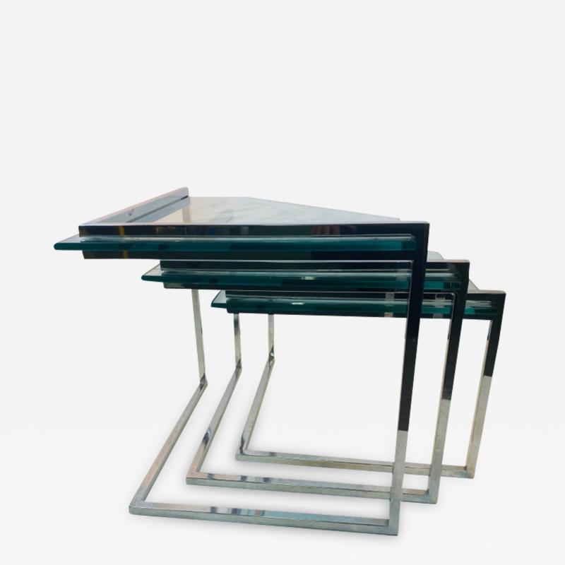 TRIO OF MODERN CHROME AND GLASS NESTING TABLES