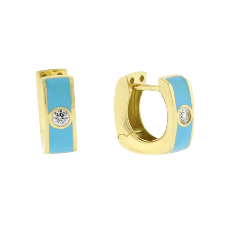 TURQUOISE ENAMEL SMALL DIAMOND HUGGIE EARRINGS