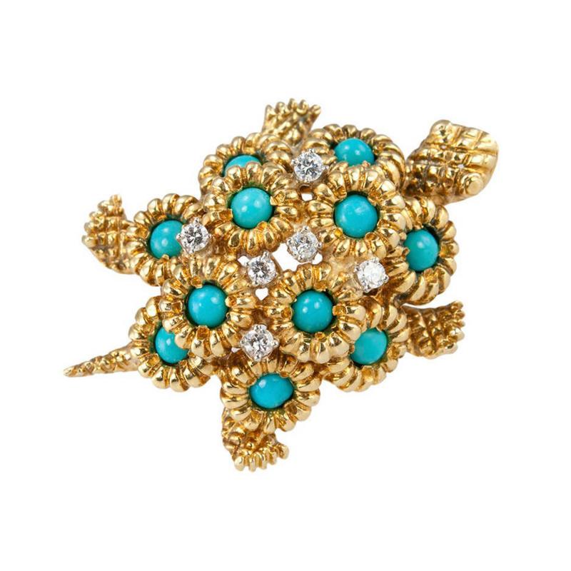 TURTLE BROOCH WITH TURQUOISE AND DIAMONDS