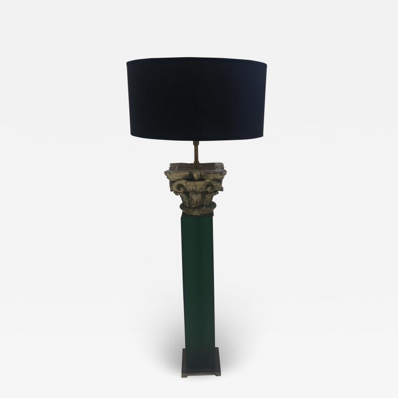 Table Lamp 19th Century Carved Wood Capital Mounted on Green Lucite