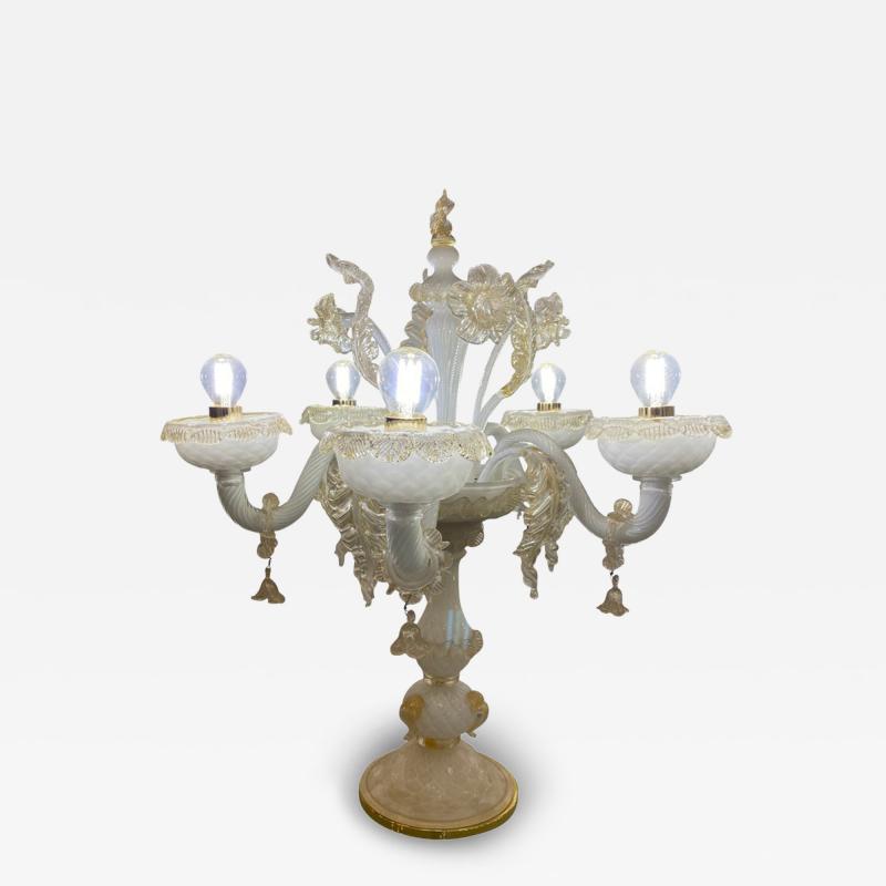 Table Lamp 5 Arms Murano Glass in White and Gold